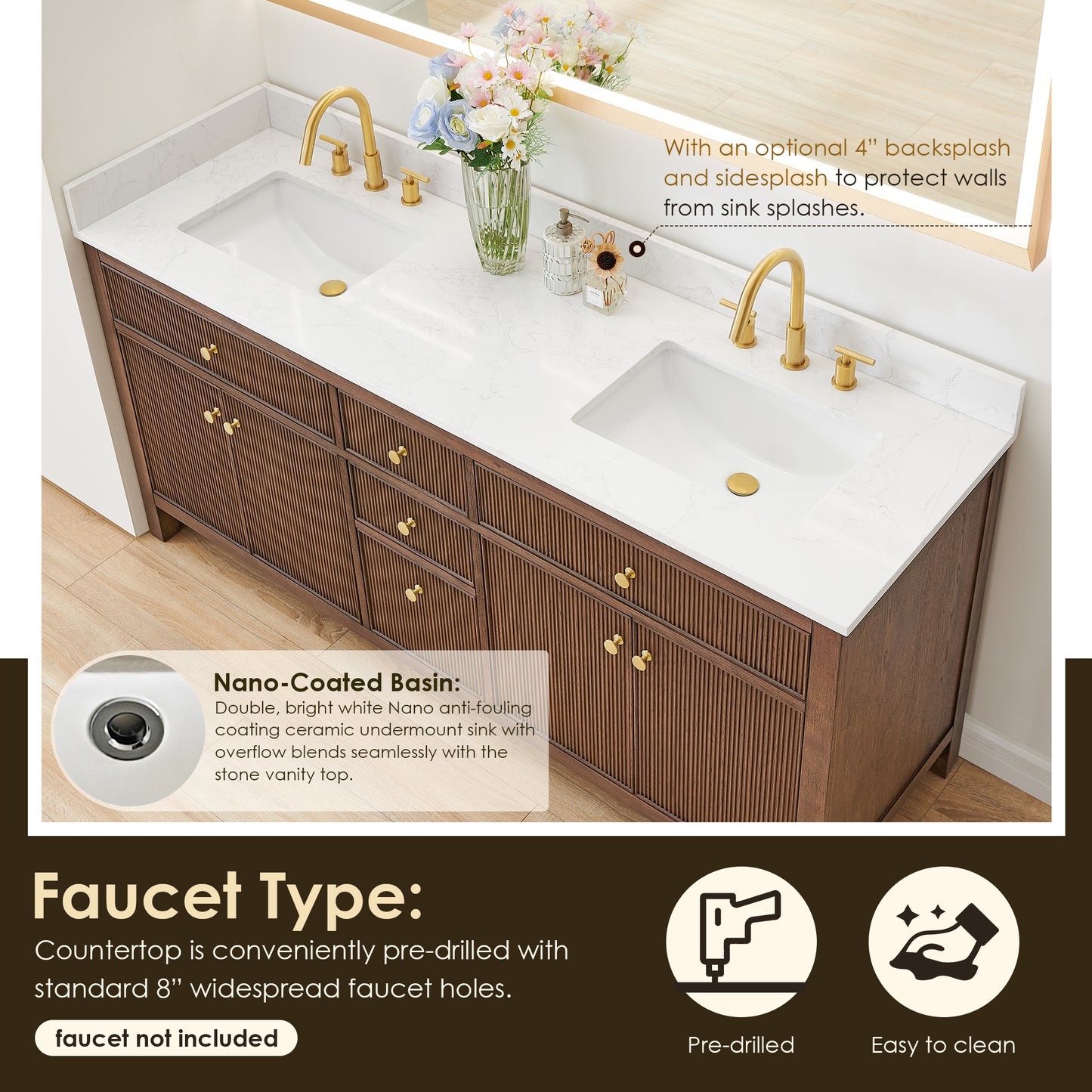 Altair Cerrito 72" Double Sink Bathroom Vanity, Natural Oak, Stone Top