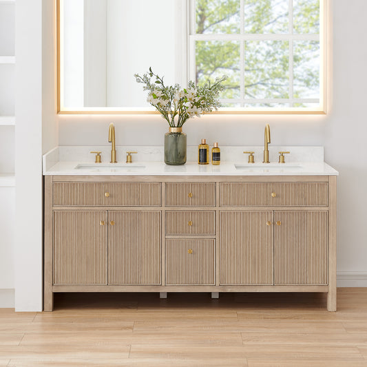 Altair Cerrito 72" Double Sink Bathroom Vanity, Natural Oak, Stone Top