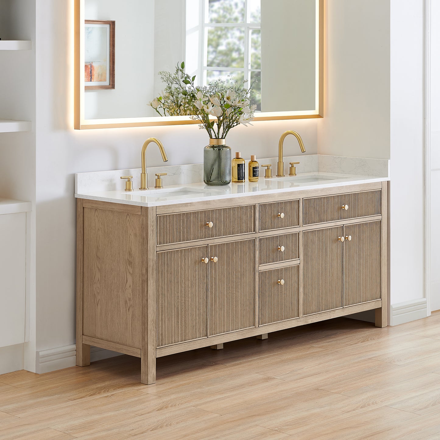 Altair Cerrito 72" Double Sink Bathroom Vanity, Natural Oak, Stone Top