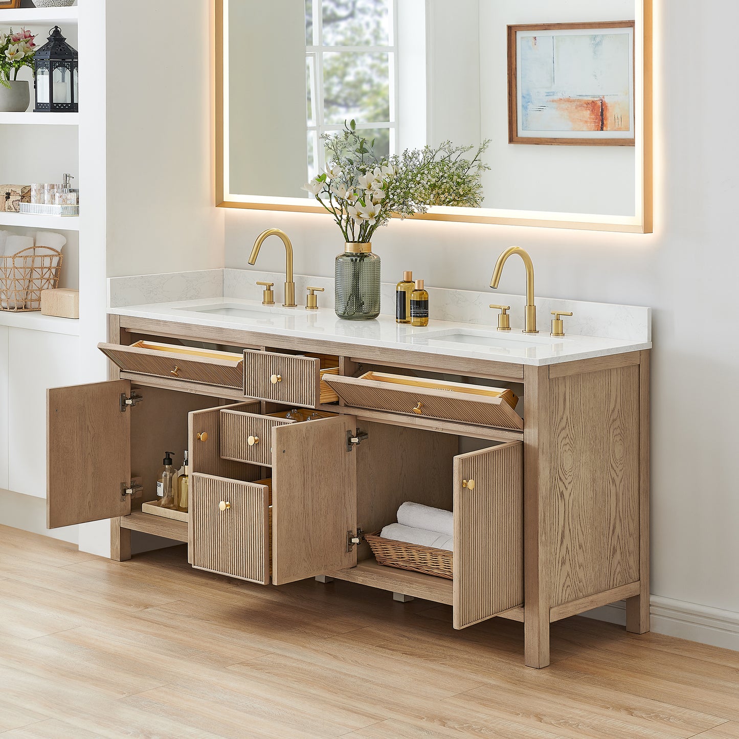 Altair Cerrito 72" Double Sink Bathroom Vanity, Natural Oak, Stone Top