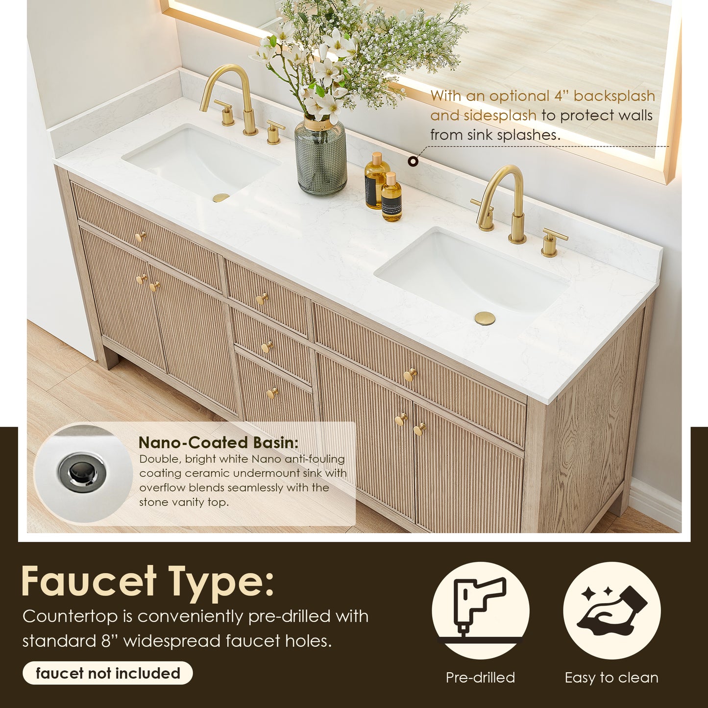 Altair Cerrito 72" Double Sink Bathroom Vanity, Natural Oak, Stone Top