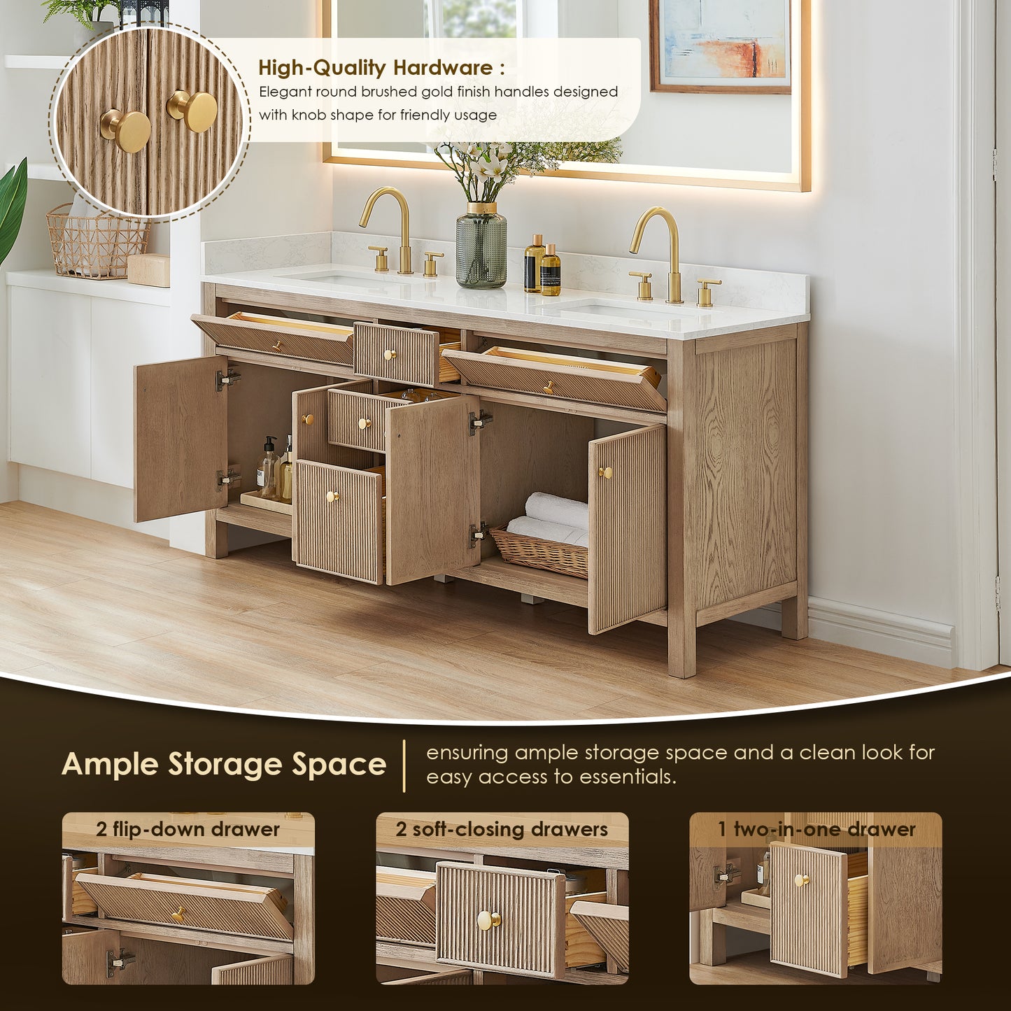 Altair Cerrito 72" Double Sink Bathroom Vanity, Natural Oak, Stone Top