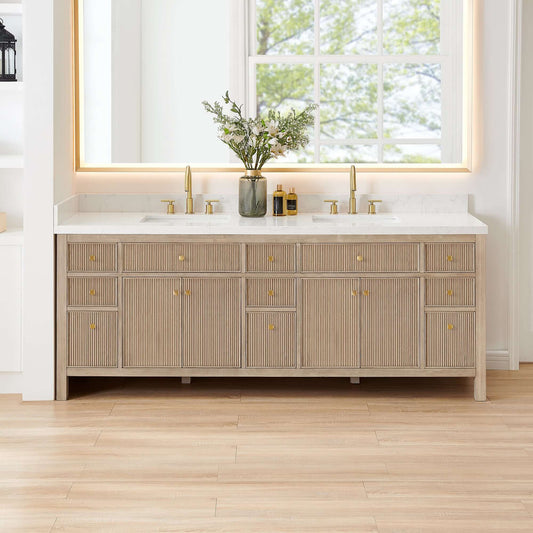 Altair Cerrito 84" Double Sink Bathroom Vanity with Grain White Engineered Stone Countertop and Natural Oak finishing.