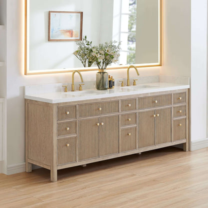 Altair Cerrito 84" Double Sink Bathroom Vanity with Grain White Countertop in Natural Oak
