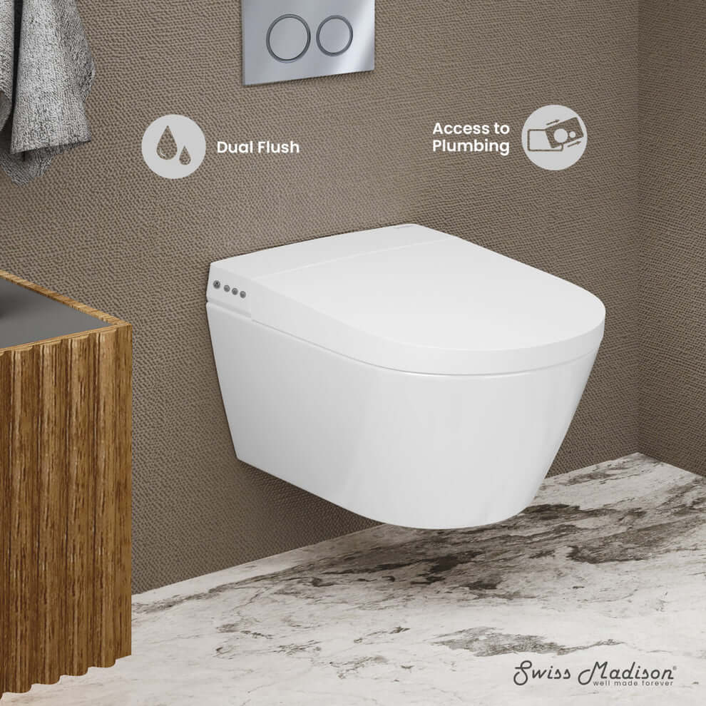 Swiss Madison Pur Wall-Hung Smart Bidet Toilet featuring dual flush and easy access to plumbing.