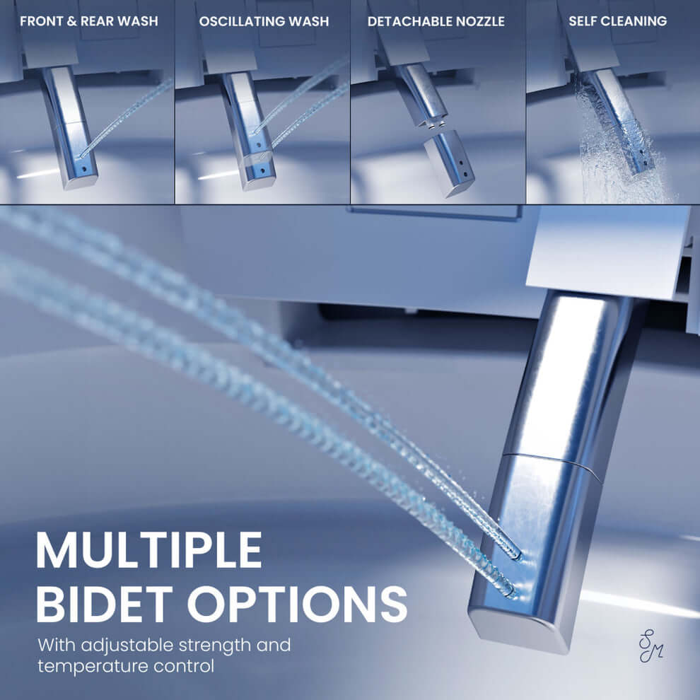 Multiple bidet options for Swiss Madison Viro V20 Smart Bidet Toilet with adjustable strength and temperature control.