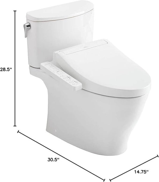 White toilet with seat cover and dimensions labeled on a white background