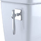 Chrome handle on a white toilet tank
