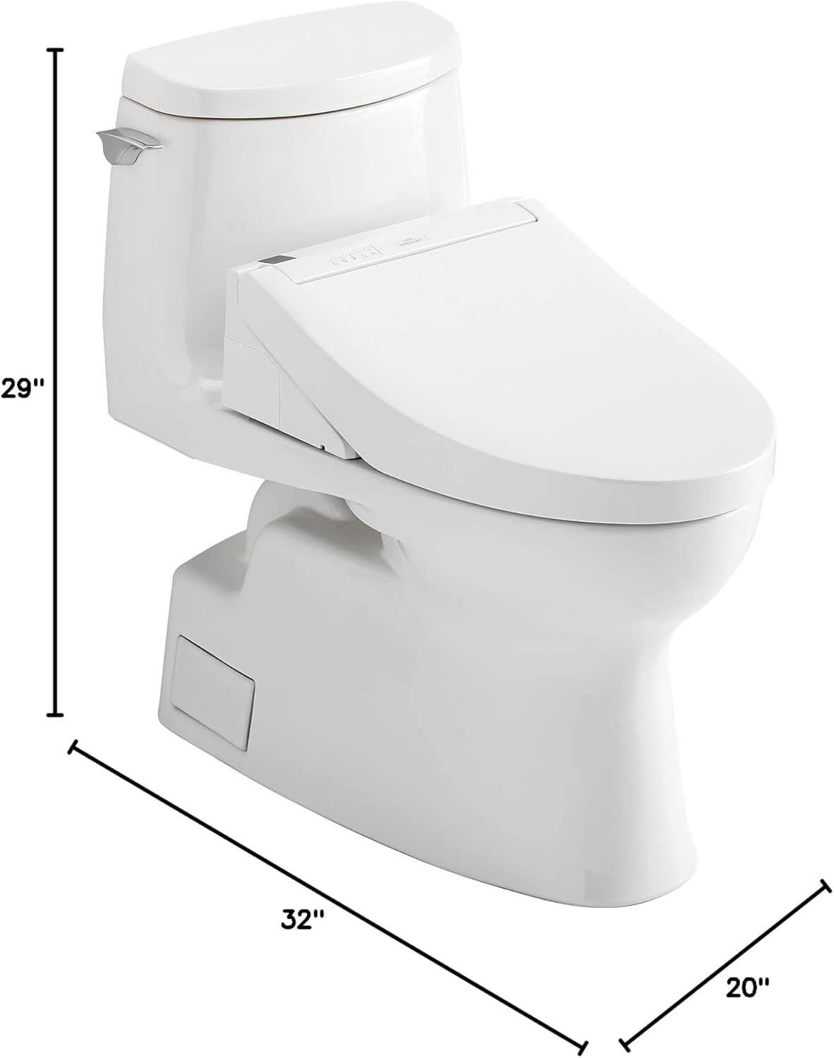 White toilet with dimensions labeled on a white background