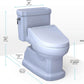 Blue toilet with dimensions labeled on a white background