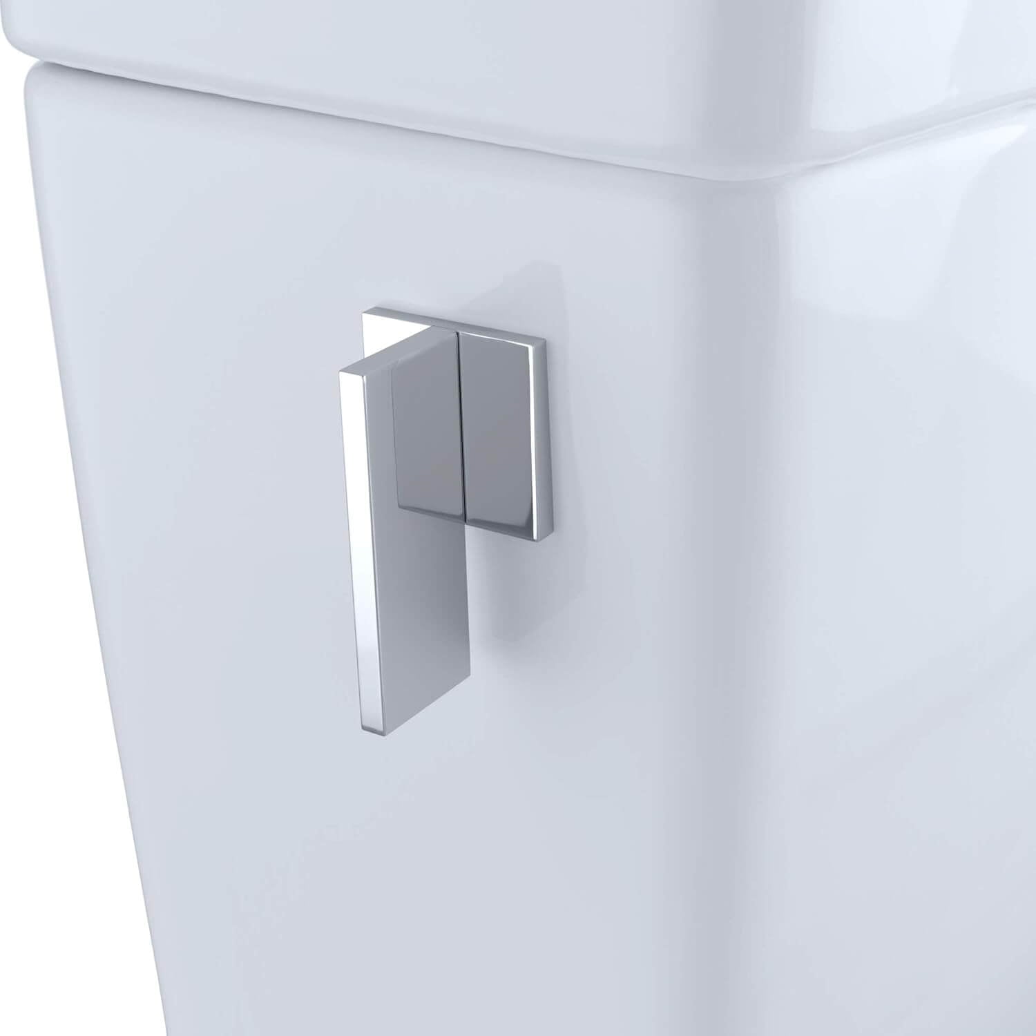 Chrome toilet handle on a white toilet tank