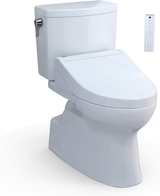 White toilet with a remote control on a white background