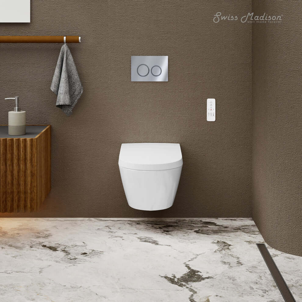 Swiss Madison Pur Wall-Hung Smart Bidet Toilet in modern bathroom setting with heated seat and auto flush features.