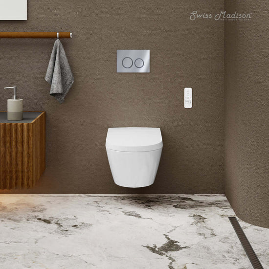 Swiss Madison Pur Wall-Hung Smart Bidet Toilet in modern bathroom setting with heated seat and auto flush features.