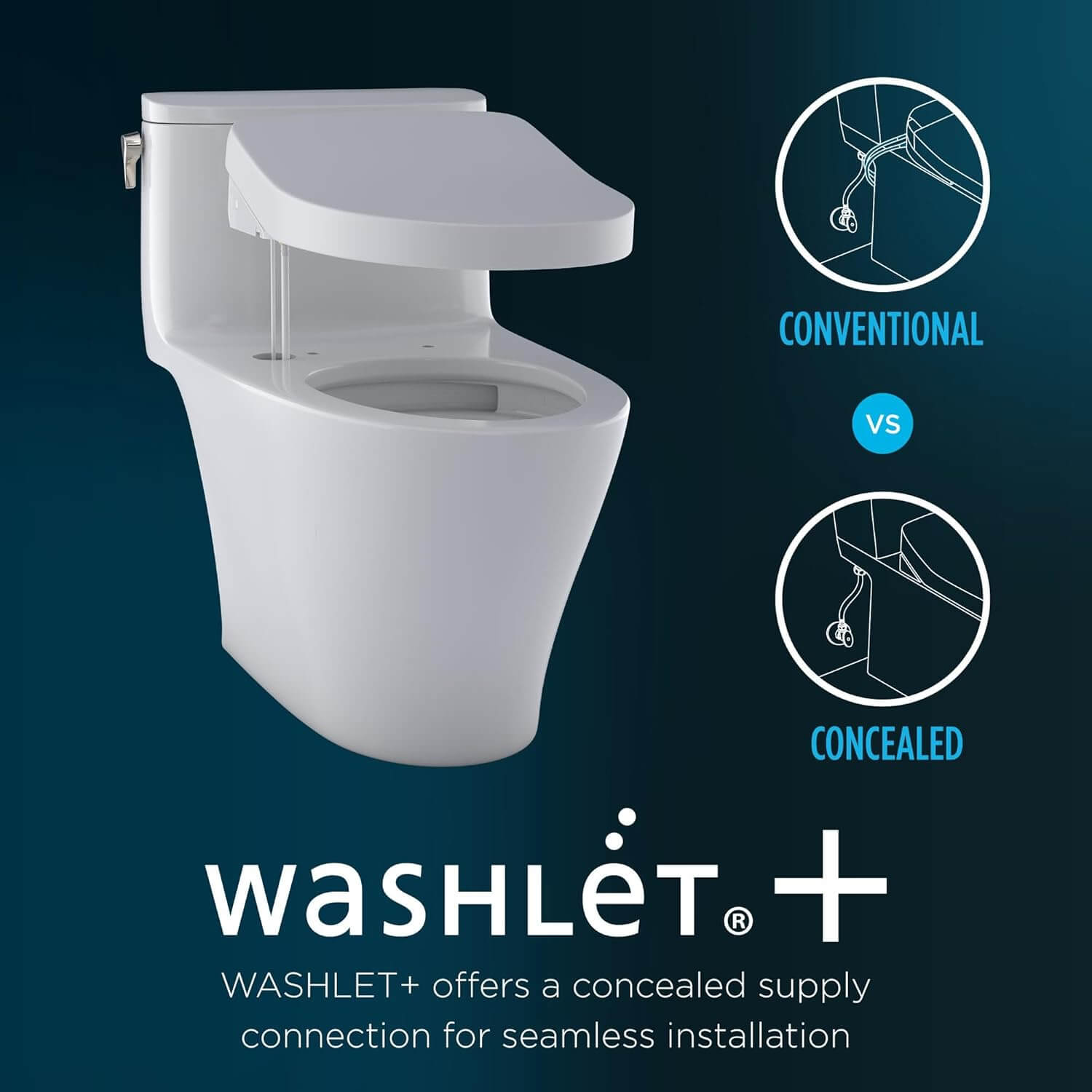 White toilet with 'washLET+' branding on a dark blue background