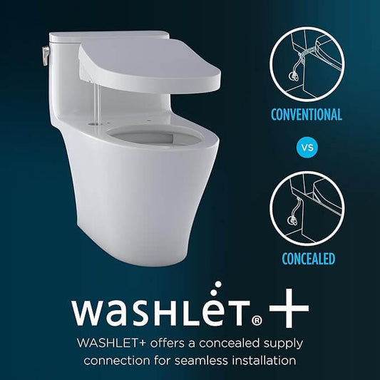 White toilet with 'washLET+' branding on a dark blue background