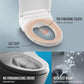 Toilet seat with features labeled on a blue background