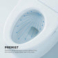 Diagram of a toilet bowl with blue arrows indicating PREMIST spray pattern on a light gray background.