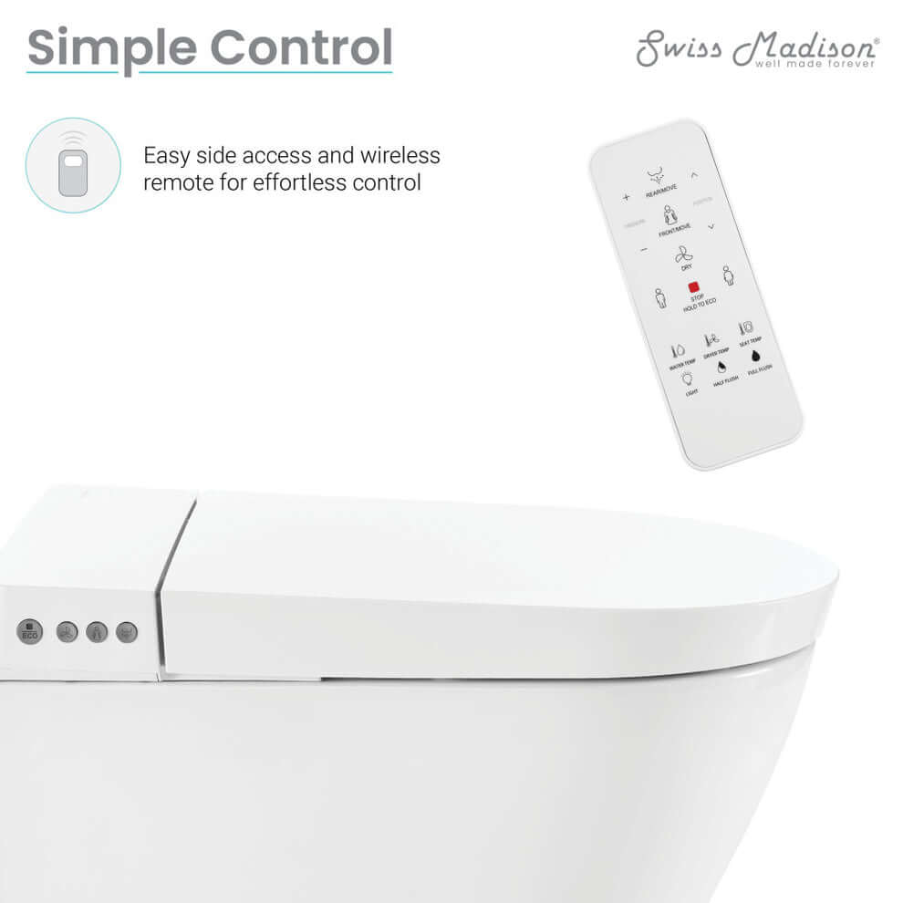 Swiss Madison Pur Wall-Hung Smart Bidet Toilet with wireless remote control for easy access and simple operation.