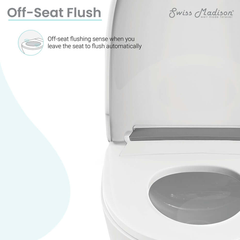 Swiss Madison Pur Wall-Hung Smart Bidet Toilet with Off-Seat Flush feature for automatic flushing.