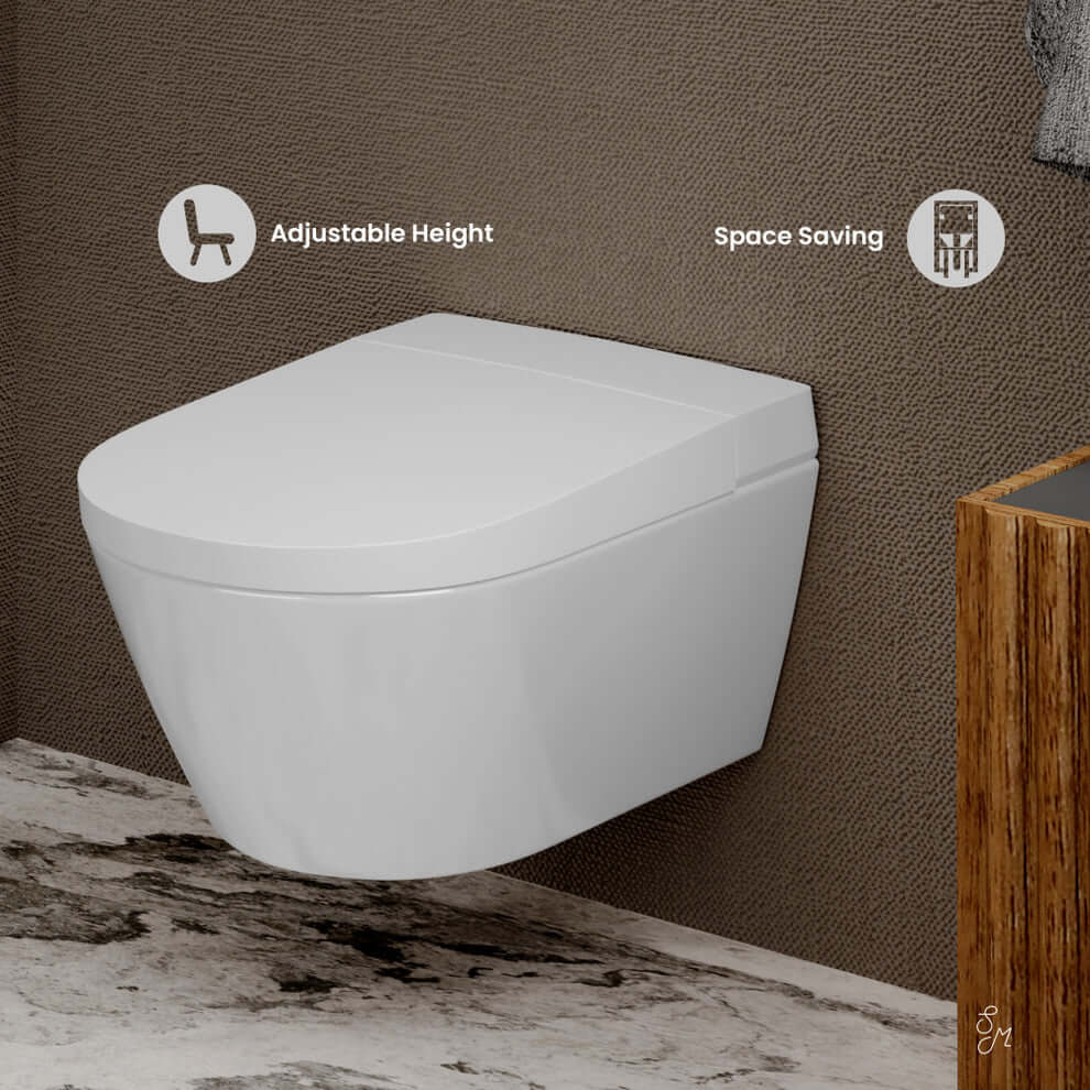 Swiss Madison Pur Wall-Hung Smart Bidet Toilet showcasing adjustable height and space-saving features.