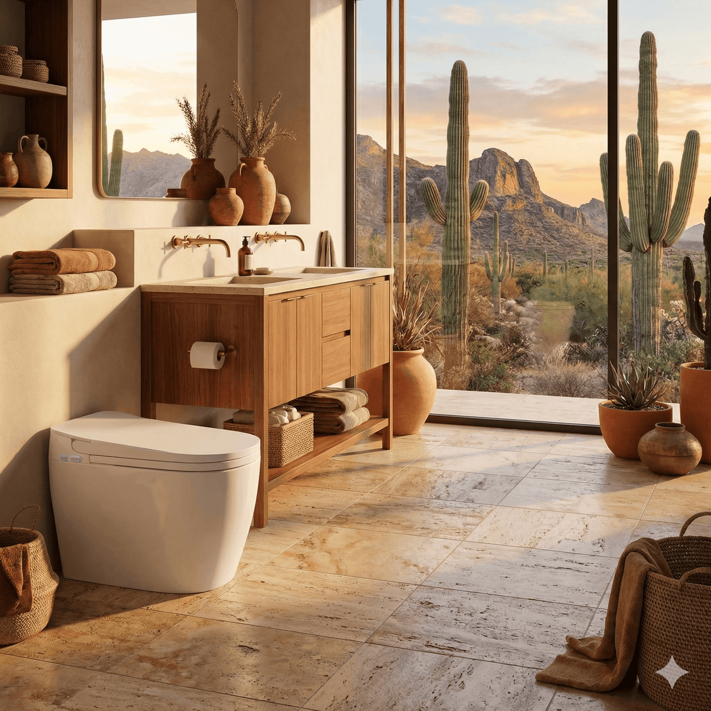 Swiss Madison Avancer Smart Bidet Toilet in a stylish bathroom setting with desert view.