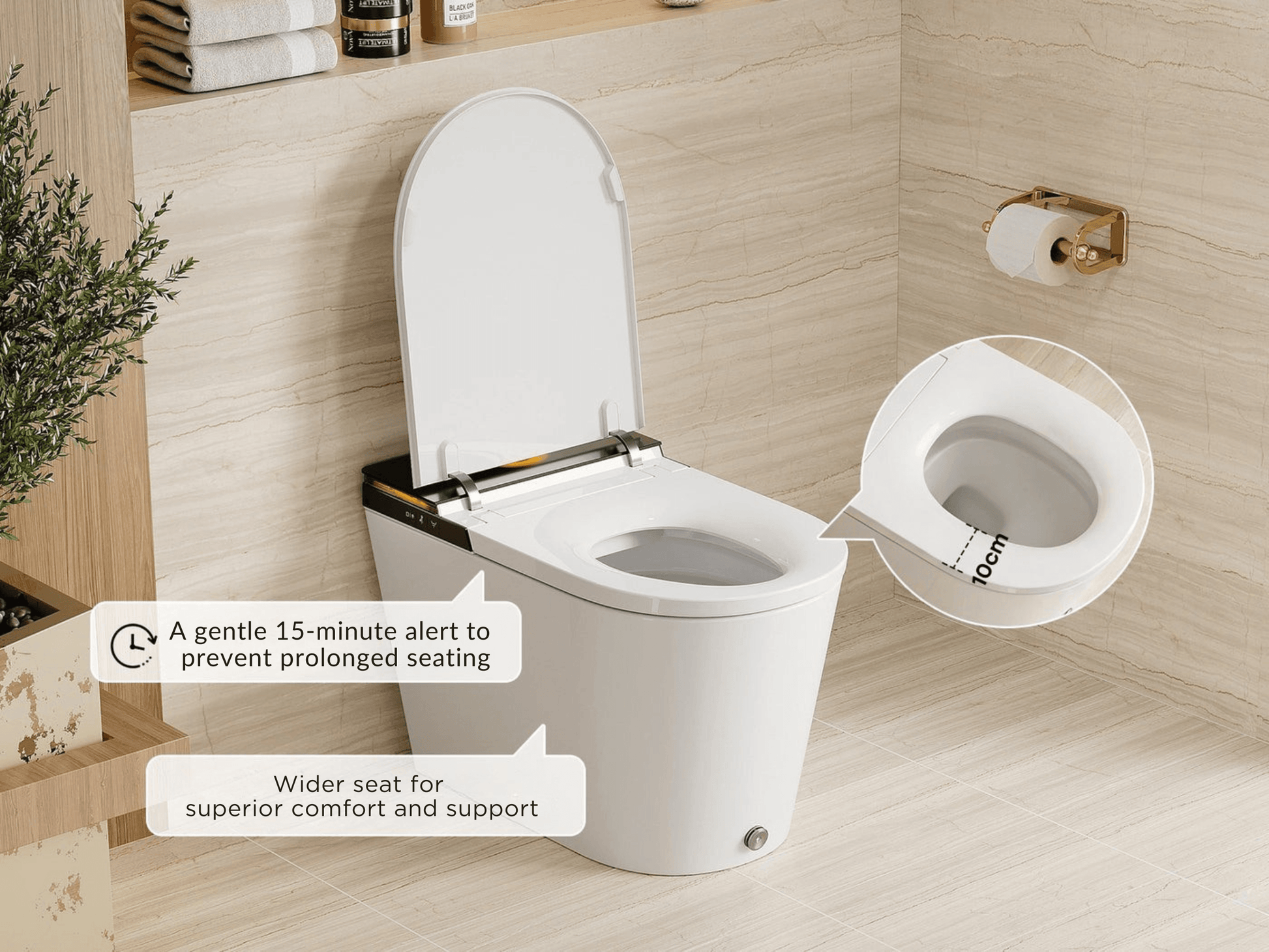 Horow X70 Smart Bidet Toilet featuring a wide seat for comfort and 15-minute alert for prolonged seating.