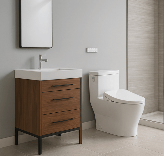 Bathroom with wooden vanity, white sink, and toilet against a gray wall.
