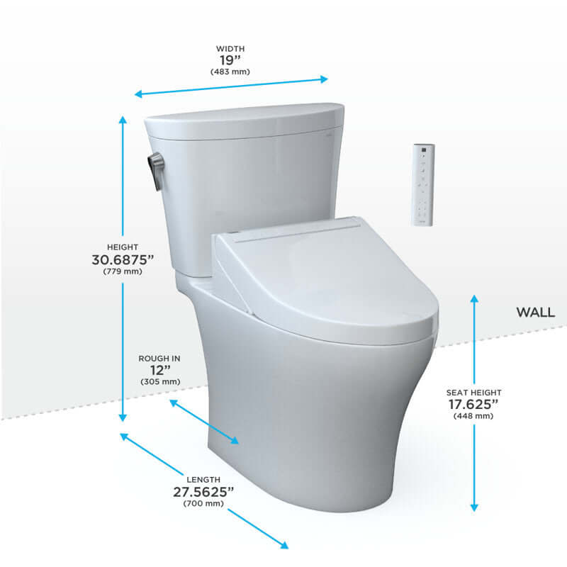 White toilet with dimensions labeled on a white background