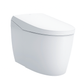 White toilet bowl with seat on a white background