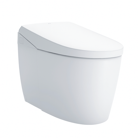 White toilet bowl with seat on a white background