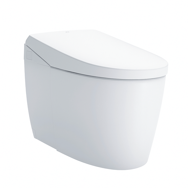 White toilet bowl with seat on a white background