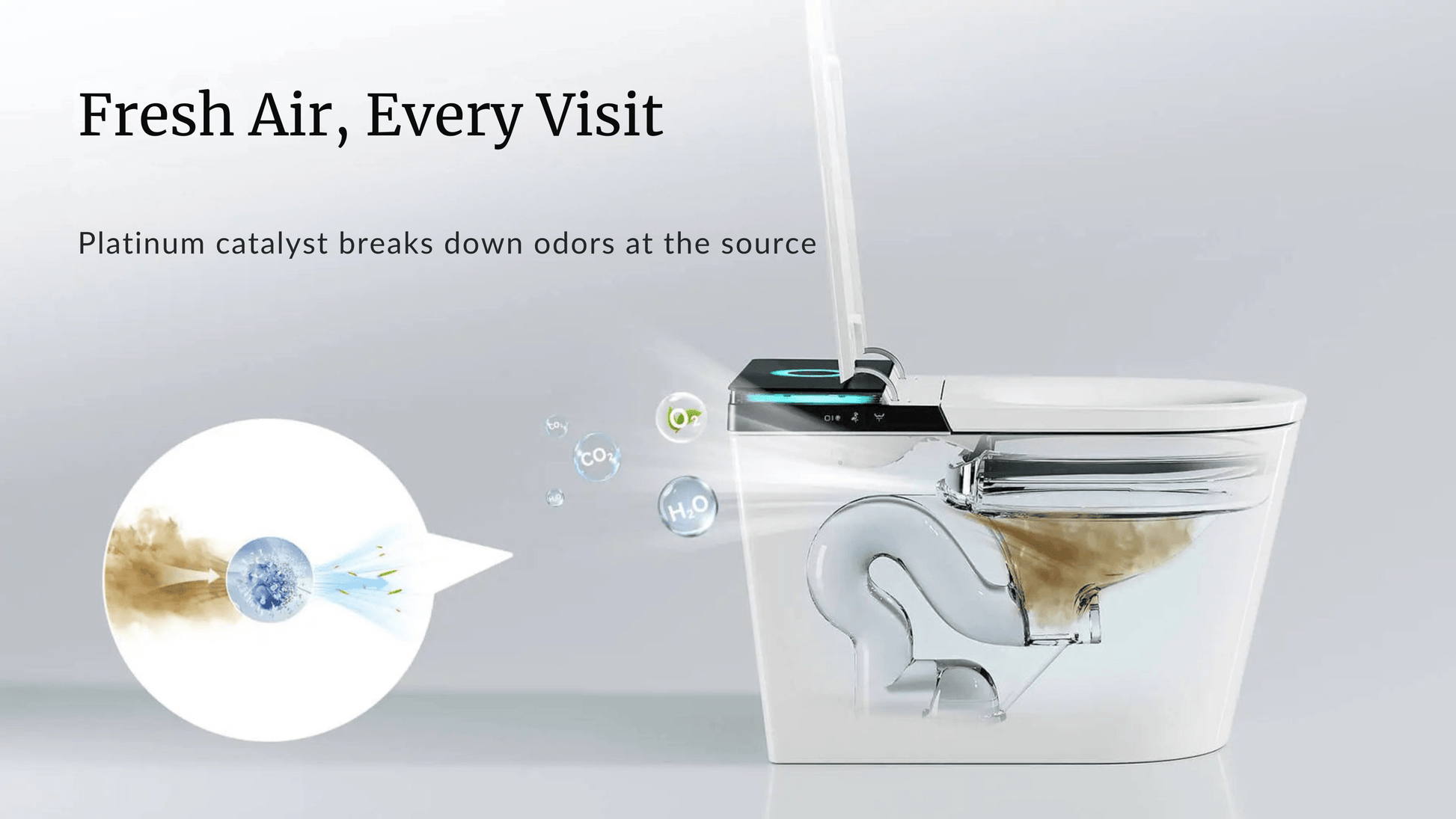 Horow X70 Smart Bidet Toilet showing deodorization feature with platinum catalyst eliminating odors.