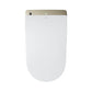 White toilet seat with gold trim on a white background