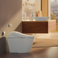 Modern bathroom with a white TOTO G5A smart toilet and wooden vanity.