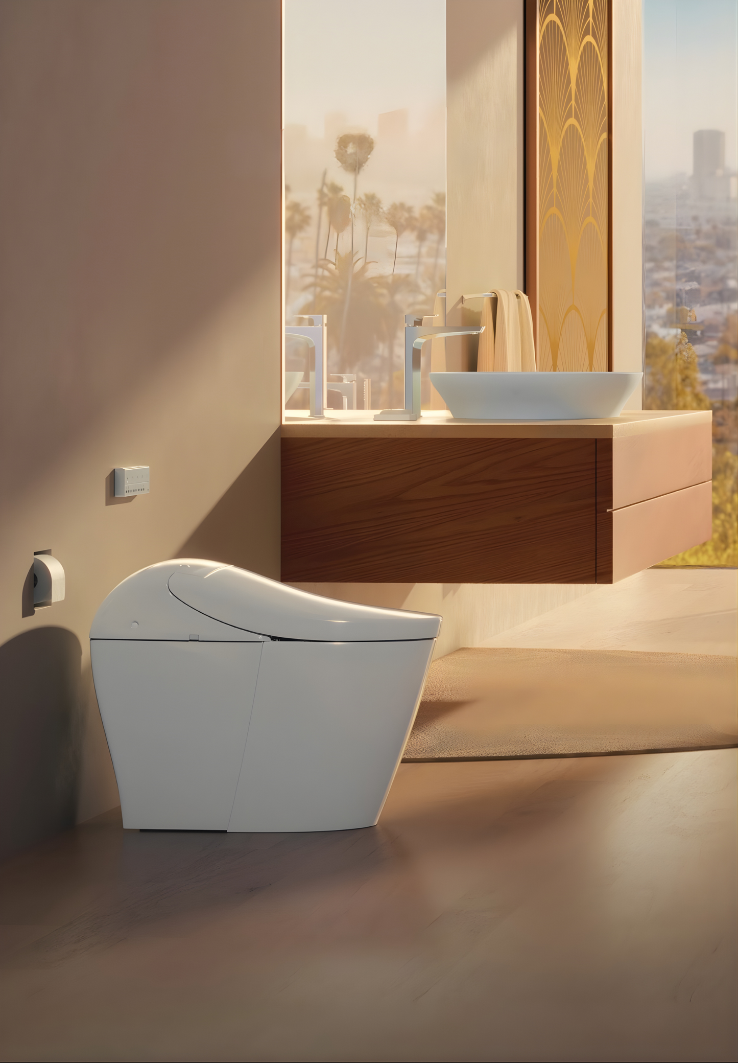 Modern bathroom with a white TOTO G5A smart toilet and wooden vanity.