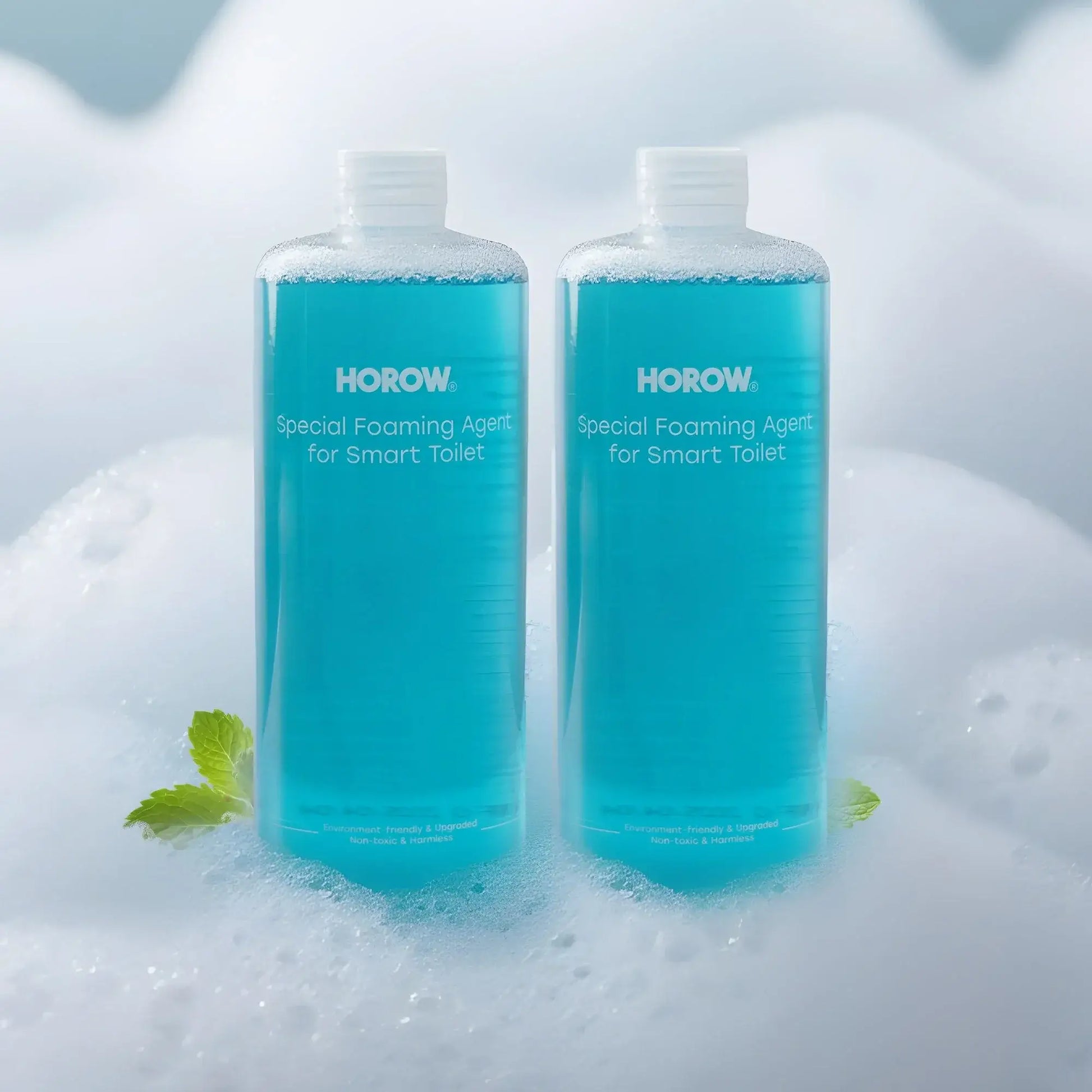 HOROW 480ml Splashfoam for Smart Toilet, two bottles with foaming agent in bubbles, promoting hygiene and performance.