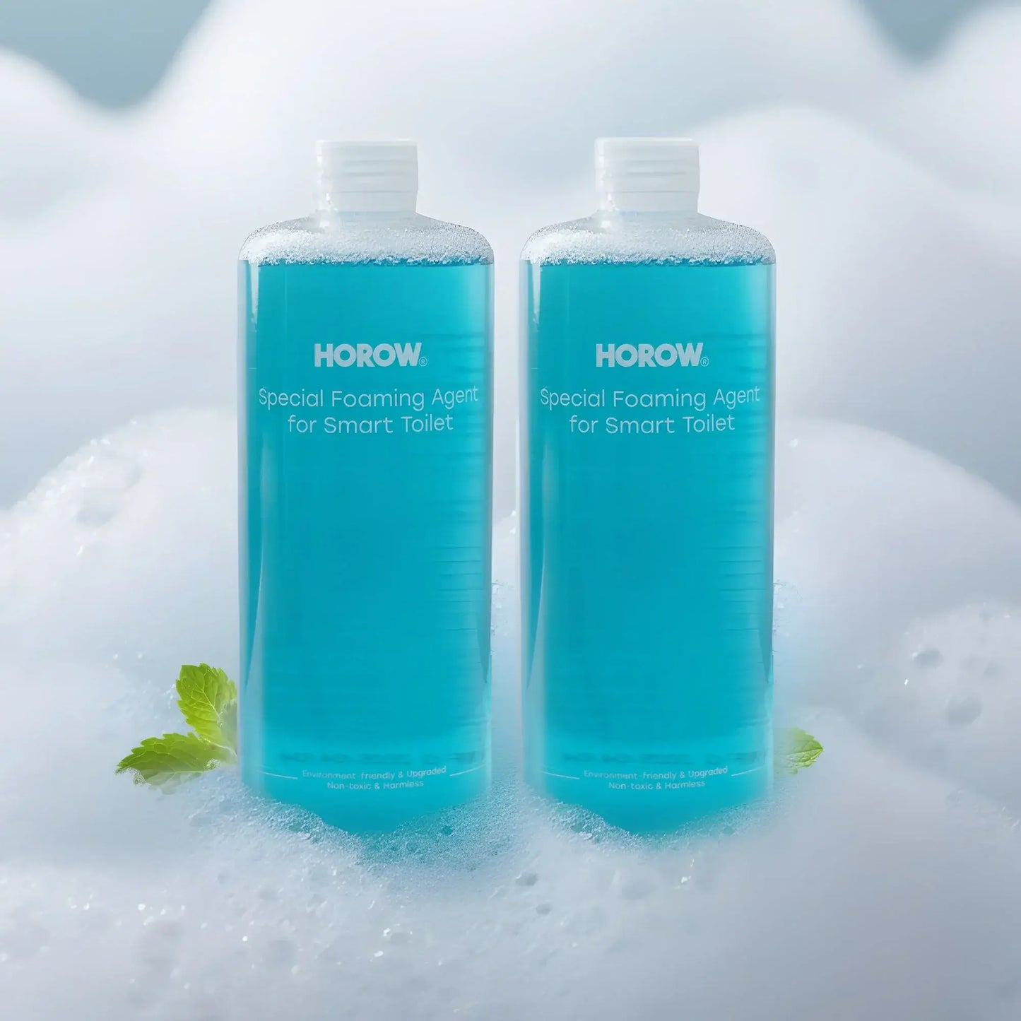 HOROW 480ml Splashfoam for Smart Toilet, two bottles with foaming agent in bubbles, promoting hygiene and performance.
