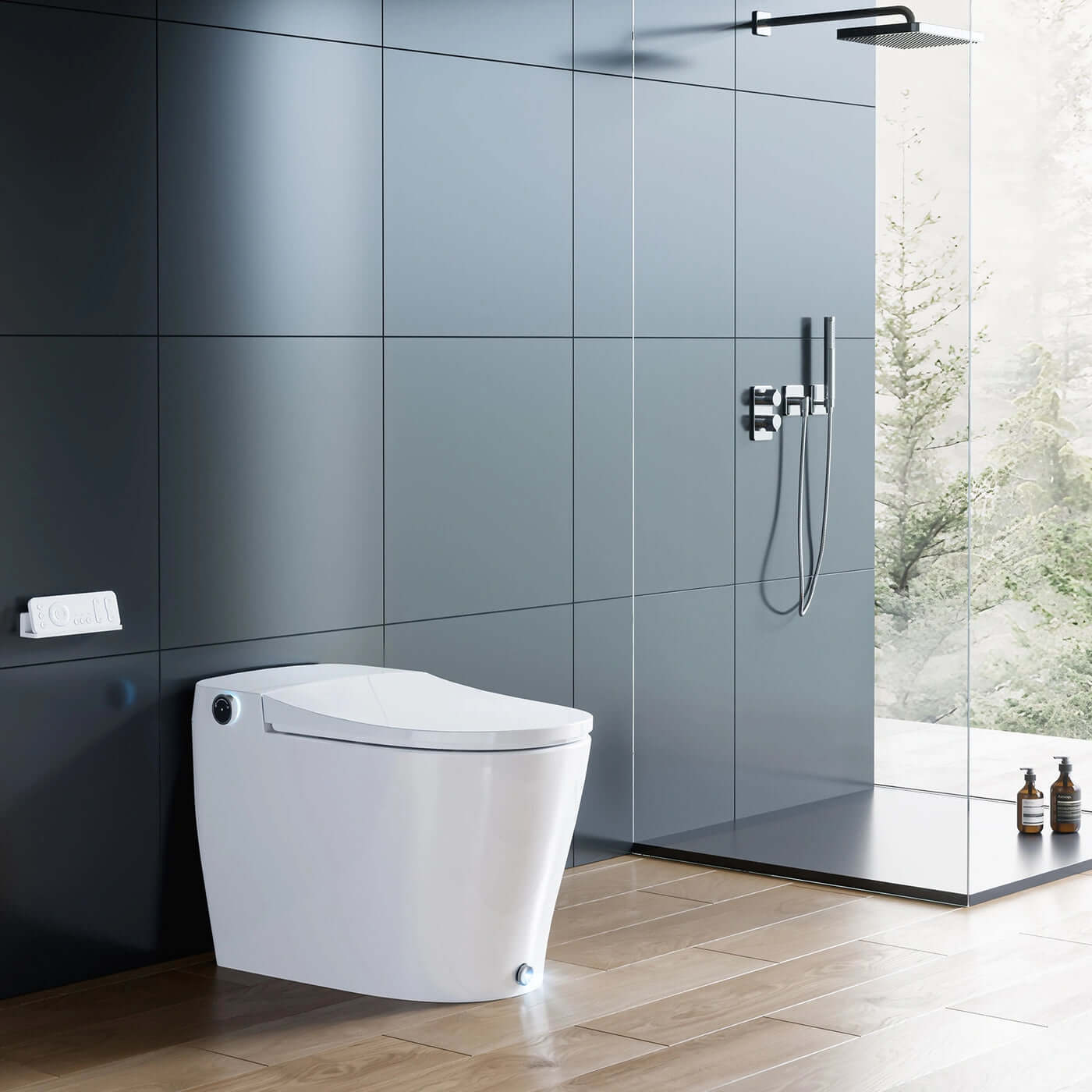 Modern HOROW T05 Smart Toilet showcased in a sleek bathroom setting with glass shower, featuring auto open and flush technology.
