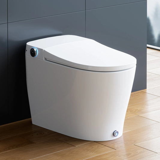 Horow T05 Smart toilet, White finish, on wooden floor against gray tile wall