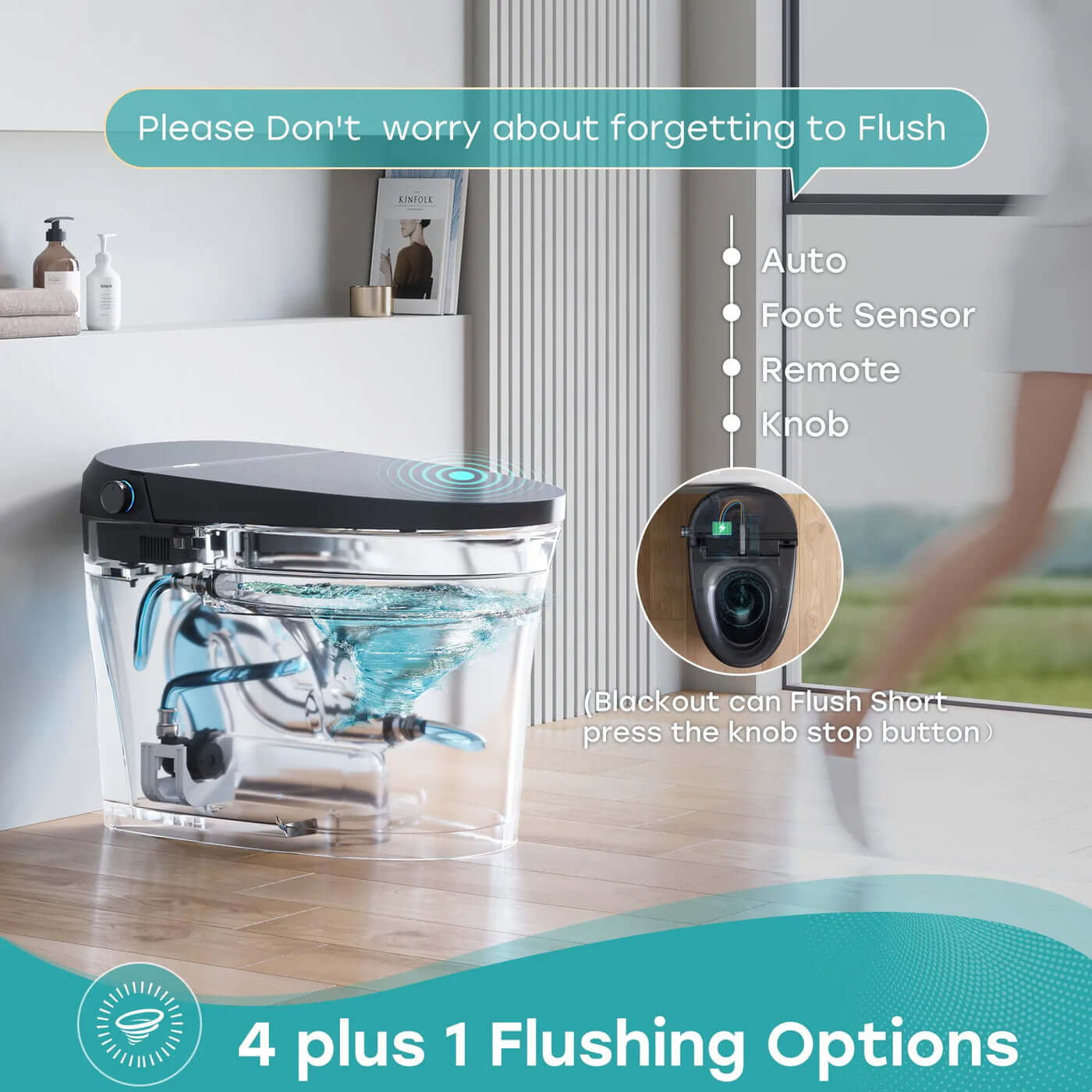Horow T36 luxury smart toilet showcasing 4 flushing options: auto, foot sensor, remote, and knob for convenience.