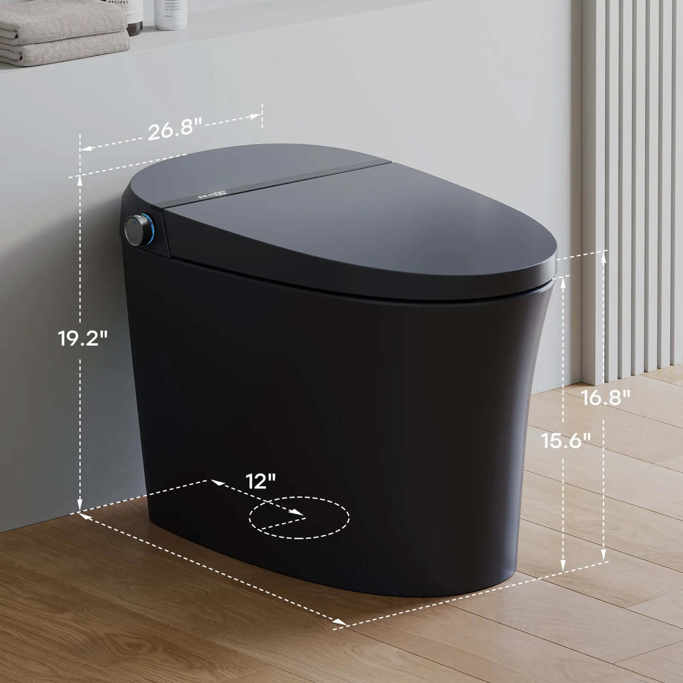 Horow T36 Luxury Smart Toilet in matte black finish with dimensions displayed on sleek bathroom floor.