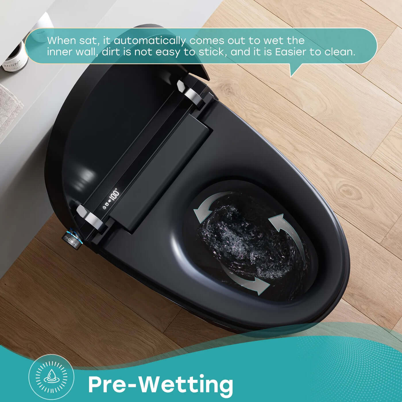 Horow T36 Luxury Smart Toilet featuring auto pre-wetting function for easier cleaning and maintenance in matte black finish.