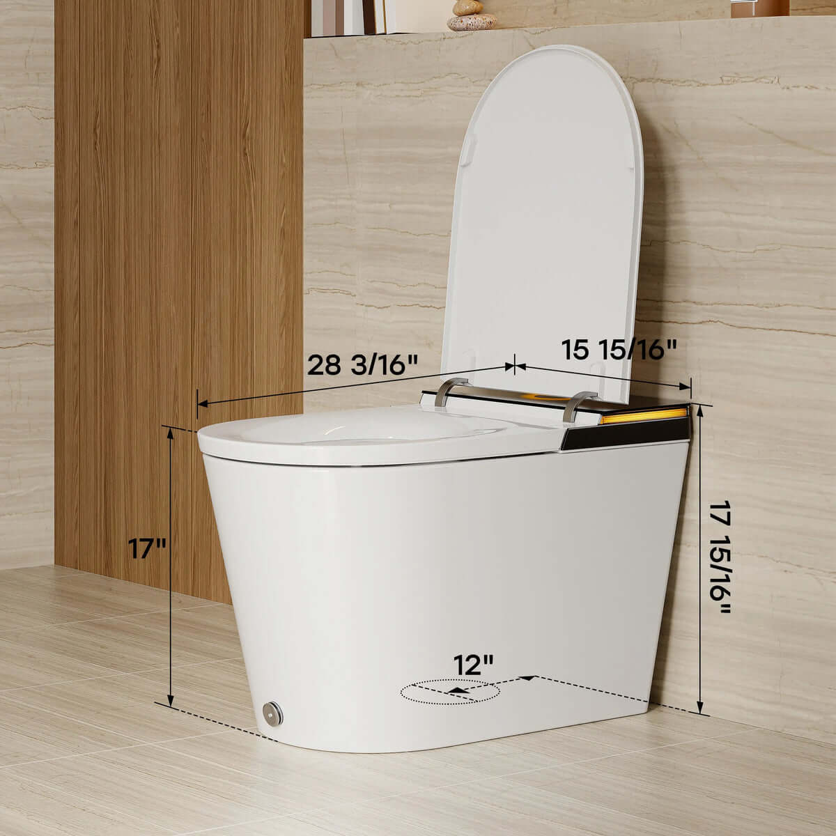 Horow X70 Smart Bidet Toilet with dimensions including height, width, and depth for installation.