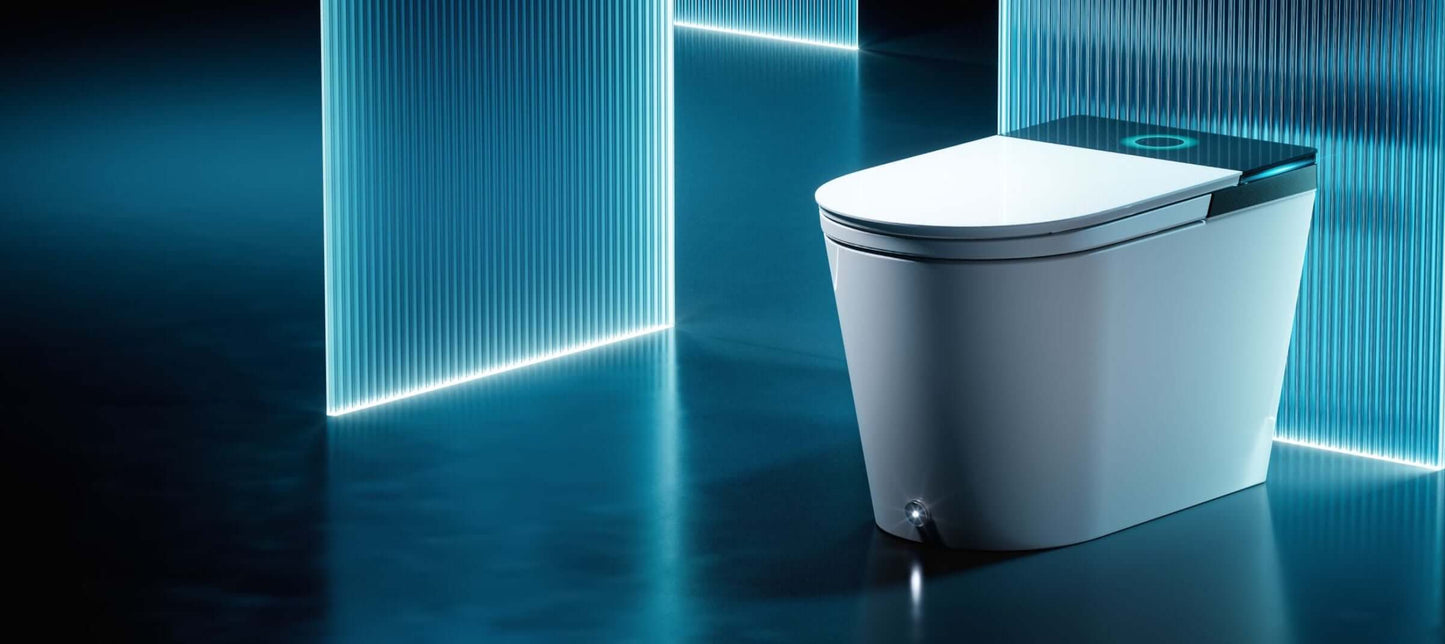 Horow X70 Smart Bidet Toilet showcased in a modern bathroom with blue lighting and sleek design.