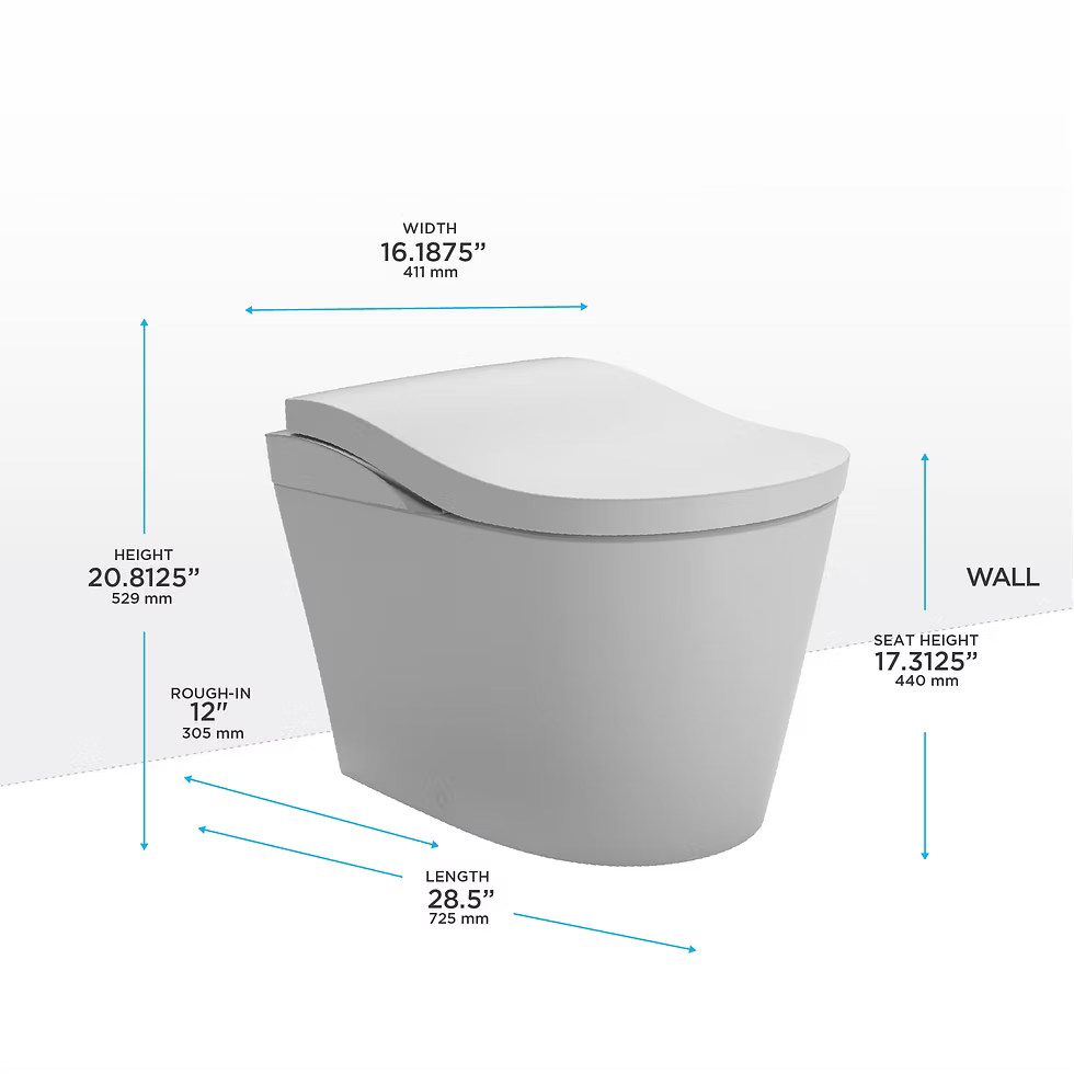 Gray toilet with dimensions labeled on a white background