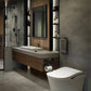 Modern bathroom with a toilet, sink, and mirror mounted on the wall.