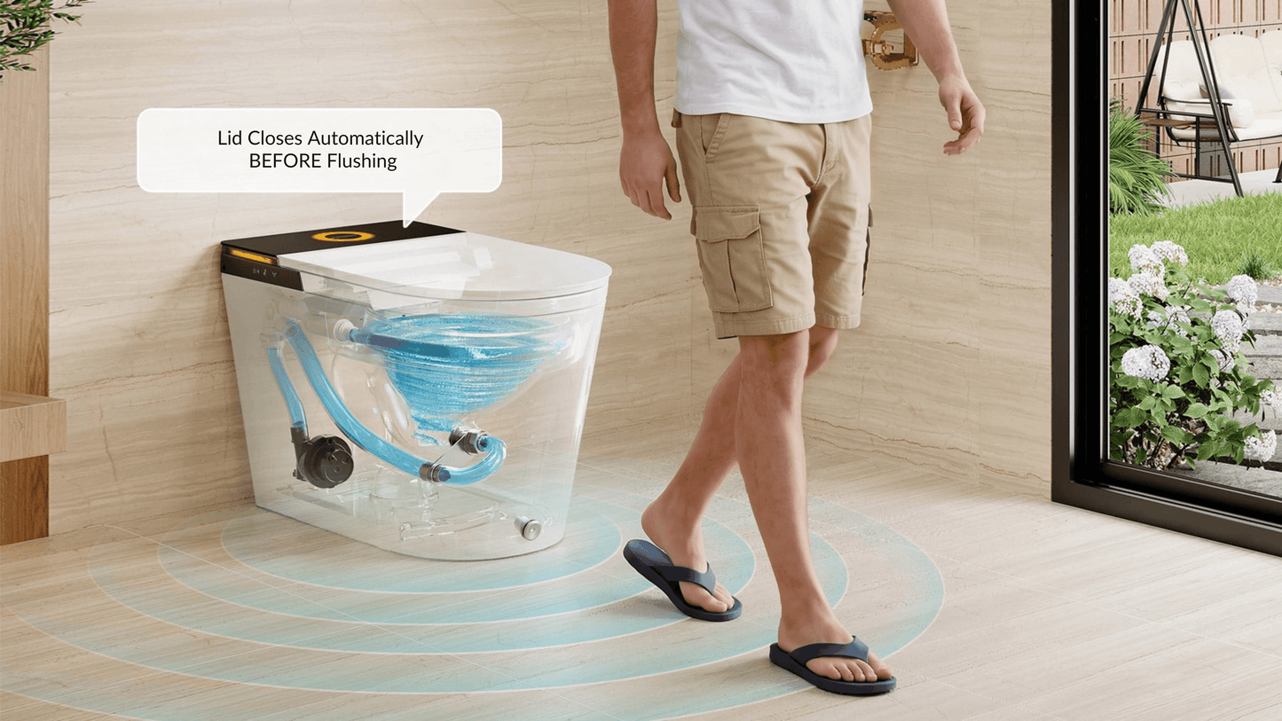 Horow X70 Smart Bidet Toilet with automatic lid closure before flushing in modern bathroom setting.