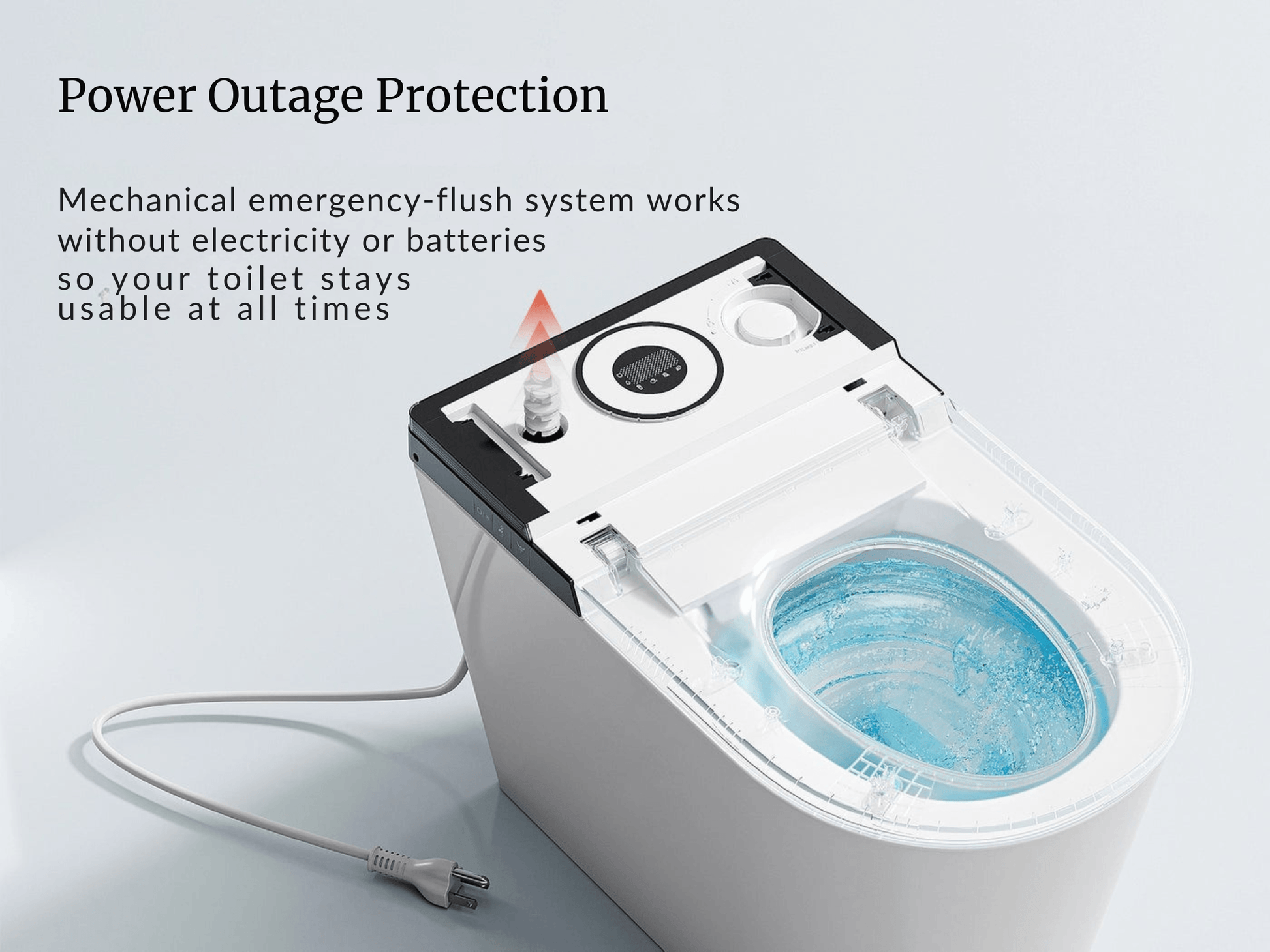 Horow X70 Smart Bidet Toilet showcasing emergency flush system for power outage protection.