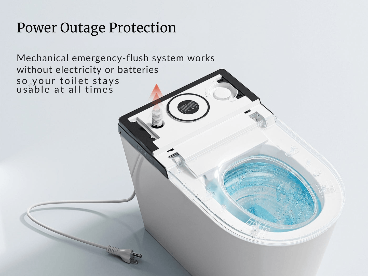 Horow X70 Smart Bidet Toilet showcasing emergency flush system for power outage protection.